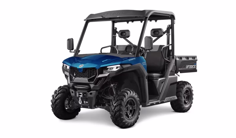 Blue CFMOTO UFORCE 600 side-by-side utility vehicle with roof and rear cargo bed