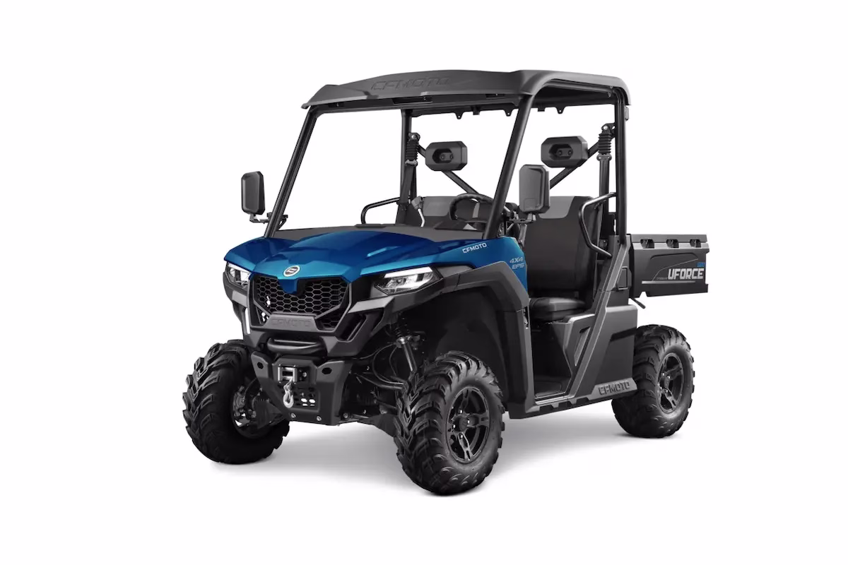 Blue CFMOTO UFORCE 600 side-by-side utility vehicle with roof and rear cargo bed