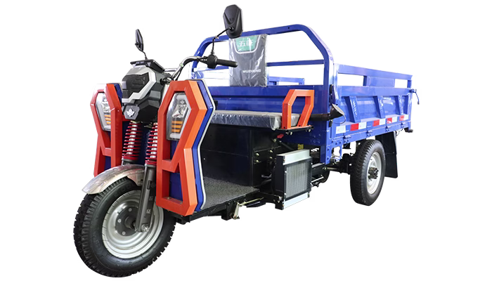 Blue and orange Wuzheng agricultural cargo tricycle with an open operator station