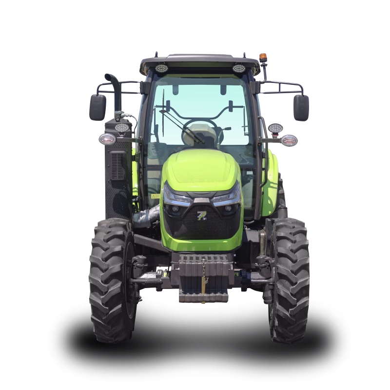 Front view of a green Zoomlion RK754 four-wheel-drive tractor with cab